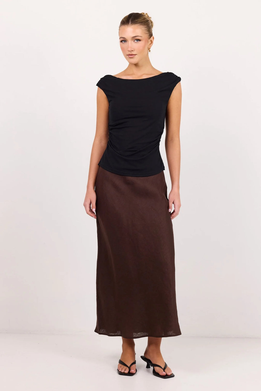 Bliss Chocolate Linen Bias Midi Skirt