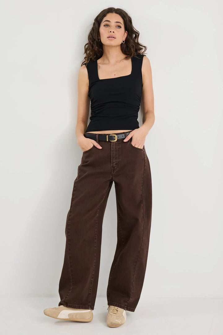 Varsity Chocolate Forward Seam Barrel Jean