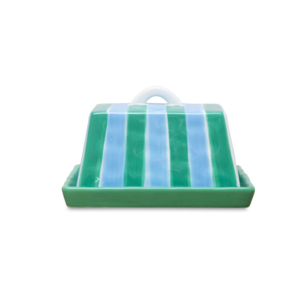 Large Ceramic Butter Dish | Cornflower Blue & Green Stripe