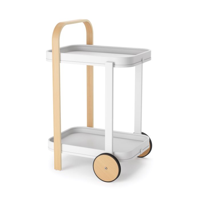 A two-toned wooden bar cart with a white upper tier and beige lower shelf, featuring rubber-rimmed wheels.