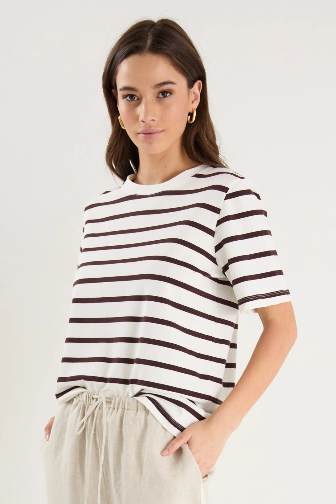 Binding Chocolate White Stripe Boxy Tee