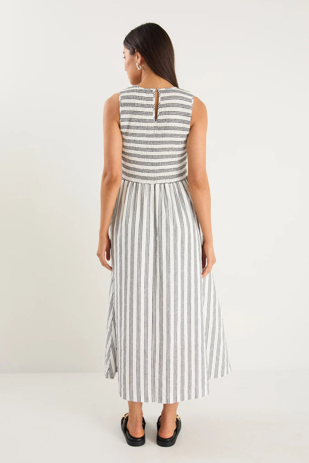 Bryar Ivory Black Stripe Shirred Bodice Midi