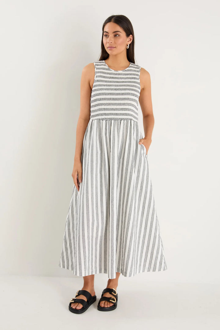 Bryar Ivory Black Stripe Shirred Bodice Midi
