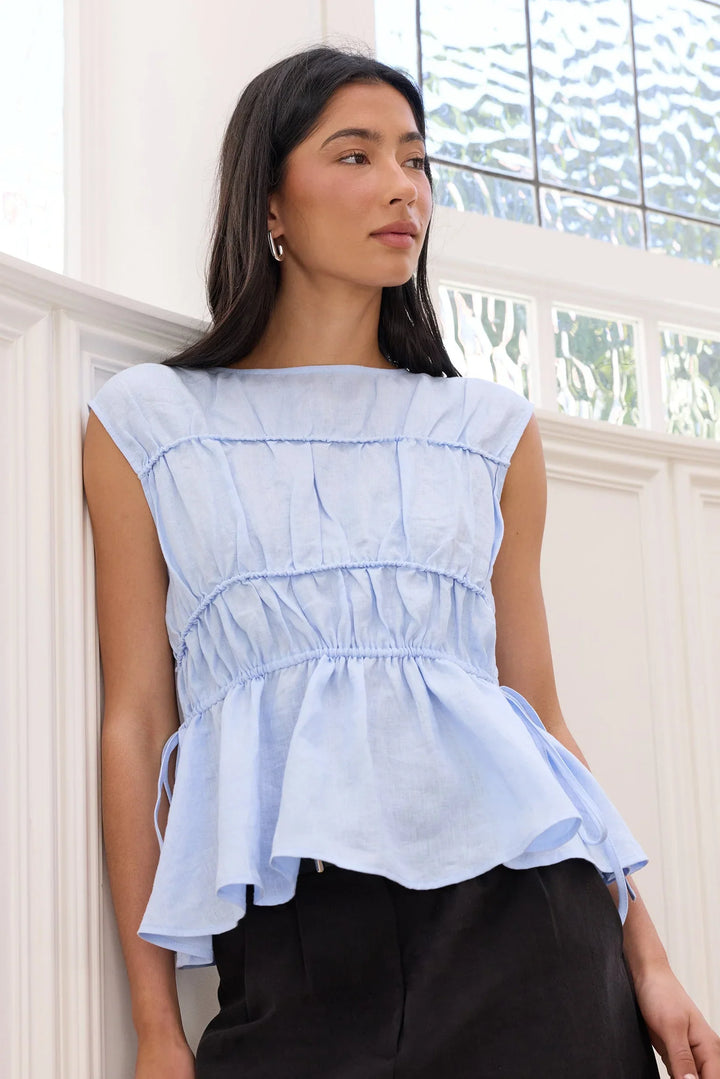 Context Ice Blue Linen Relaxed Sleeveless Top