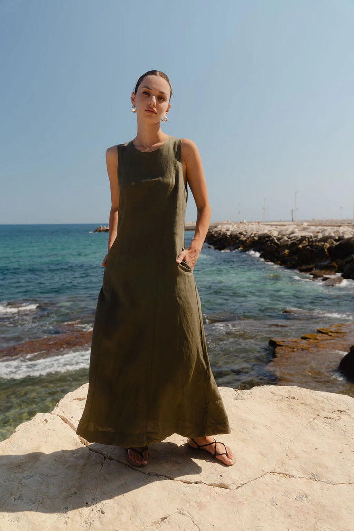 Easygoing Khaki Linen Blend Sleeveless Crew Neck Midi Dress