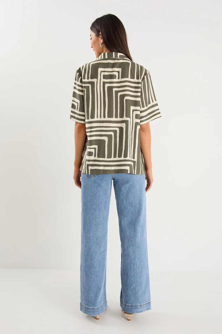 Dispatch Khaki Maze Print Short Sleeved Boxy Shirt