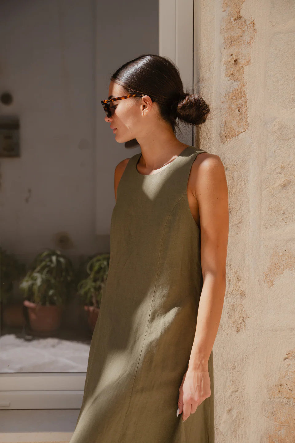 Easygoing Khaki Linen Blend Sleeveless Crew Neck Midi Dress