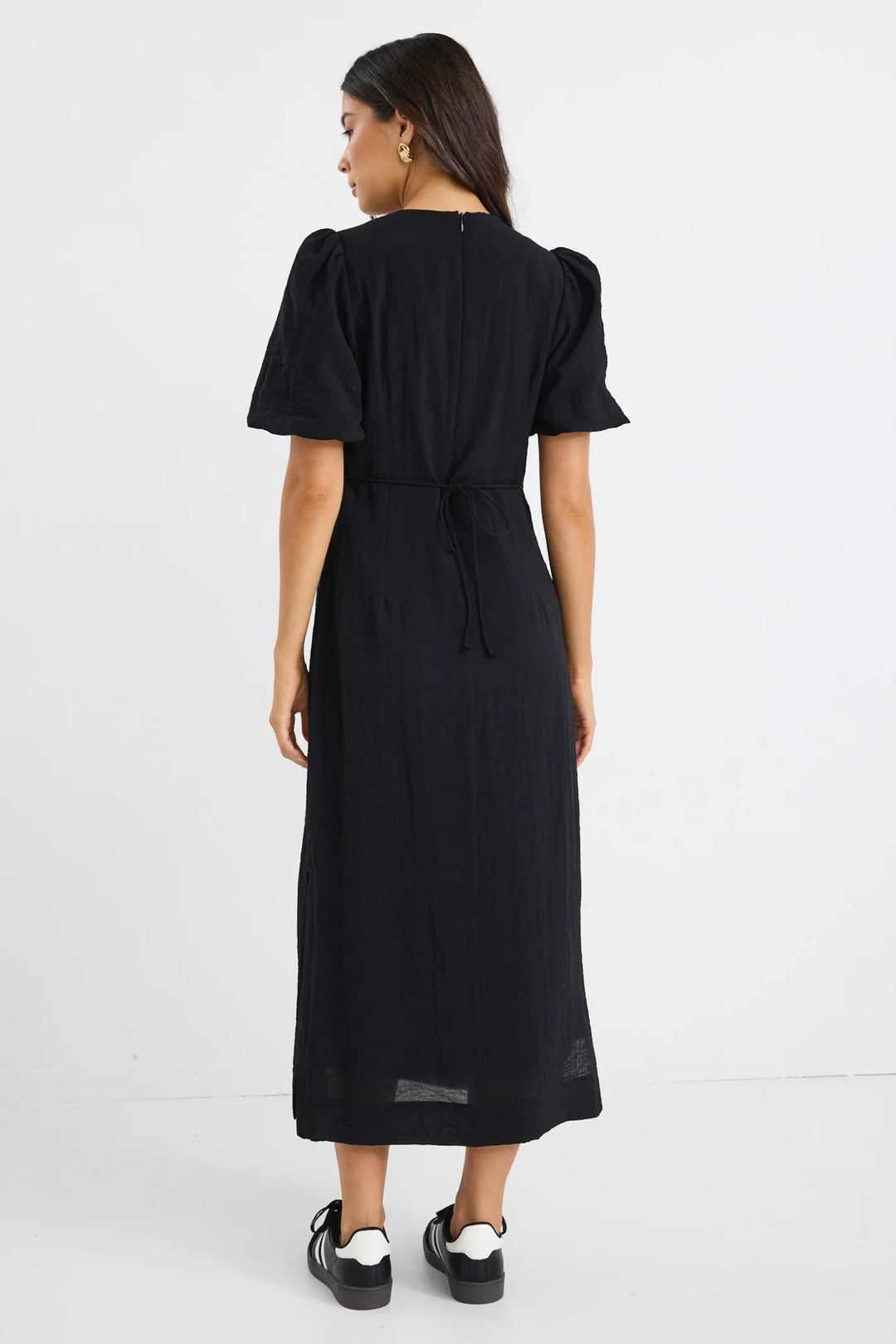 Elder Black Short Puff Sleeve Tie Midi Dress
