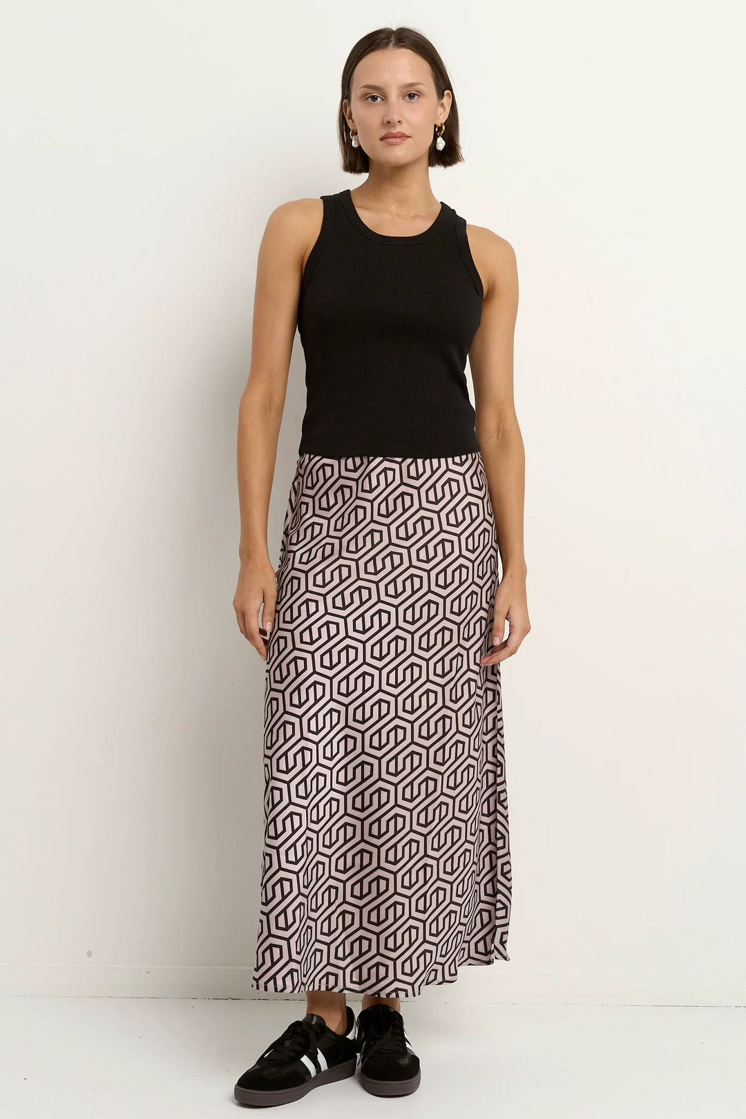 Faithful Black Geo Print Satin Bias Midi Skirt