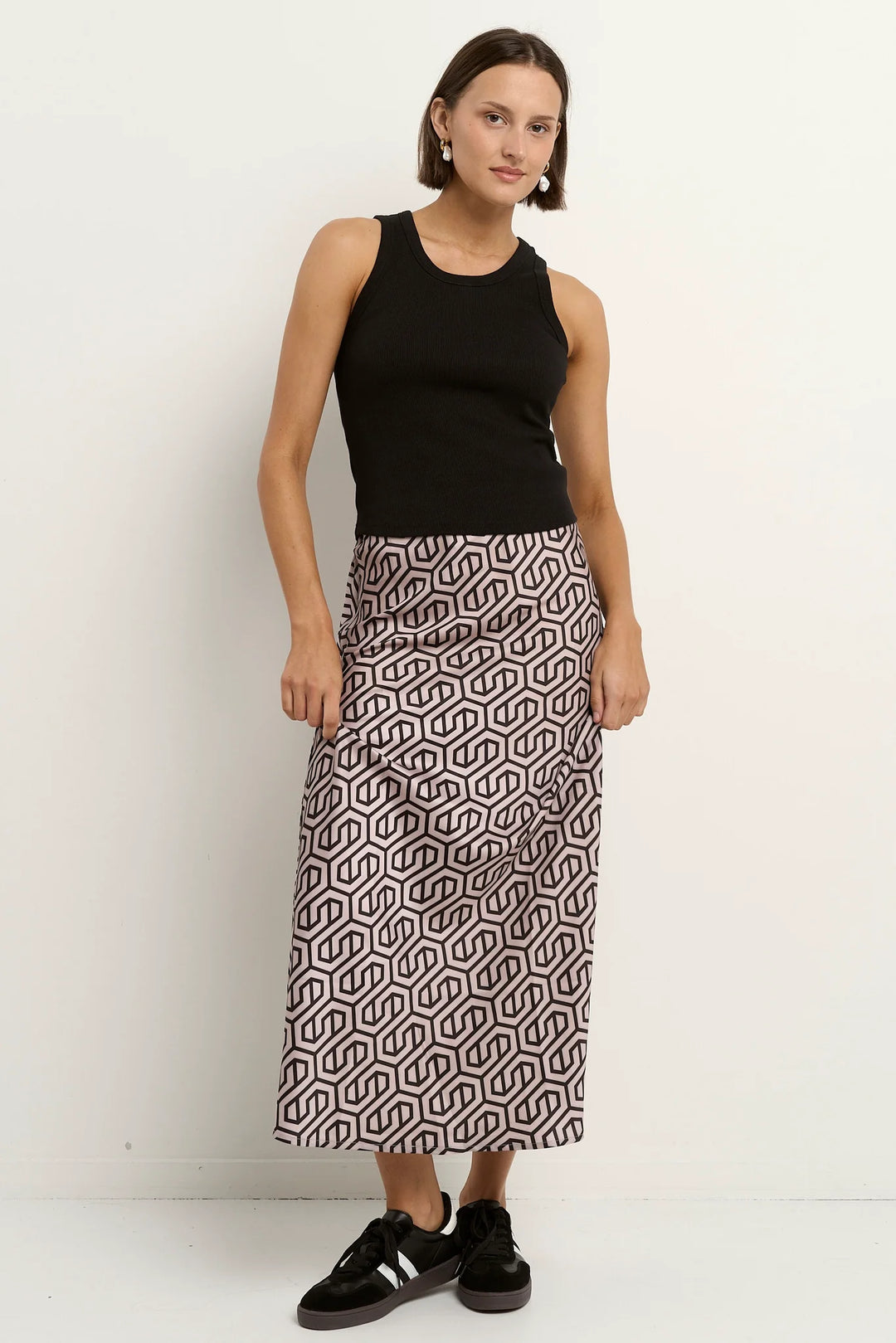 Faithful Black Geo Print Satin Bias Midi Skirt