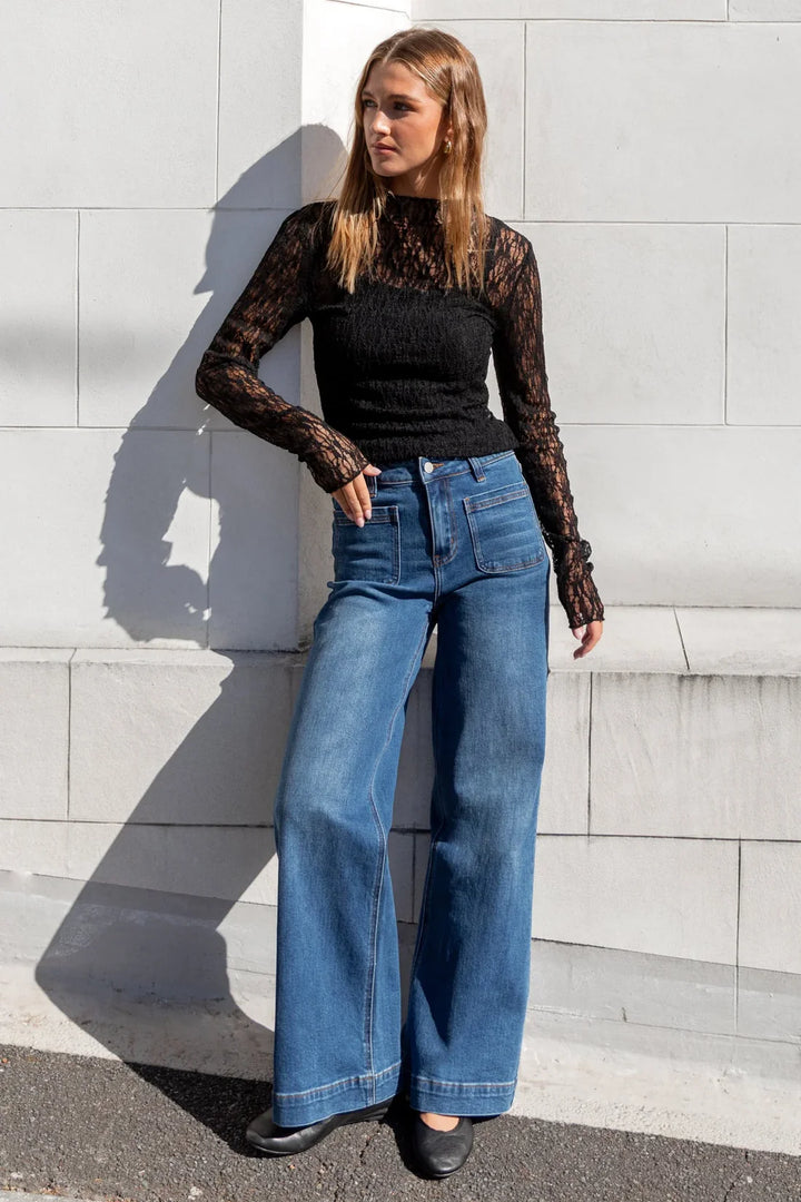 Zoey Marine Blue Petite High Rise Wide Leg Pocket Jean