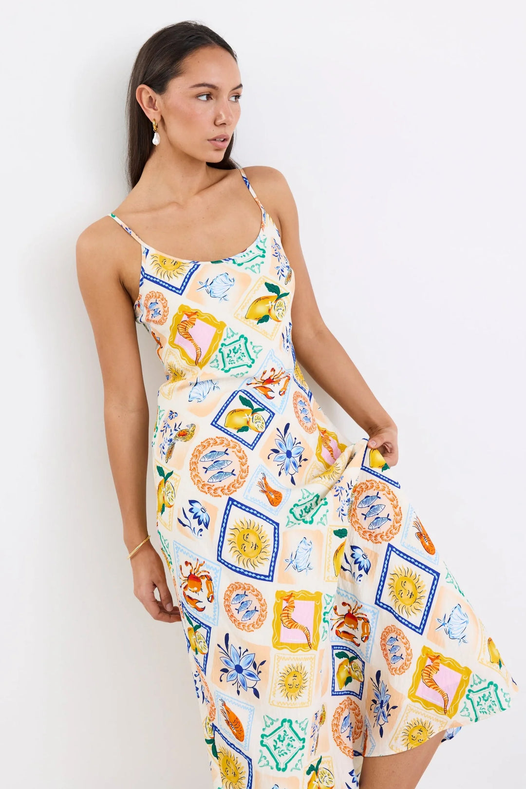 Hologram Holiday Print Strappy Bias Slip Dress