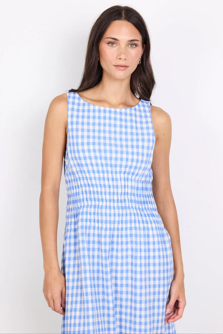 Lucent Blue Gingham Sleeveless Midi Dress