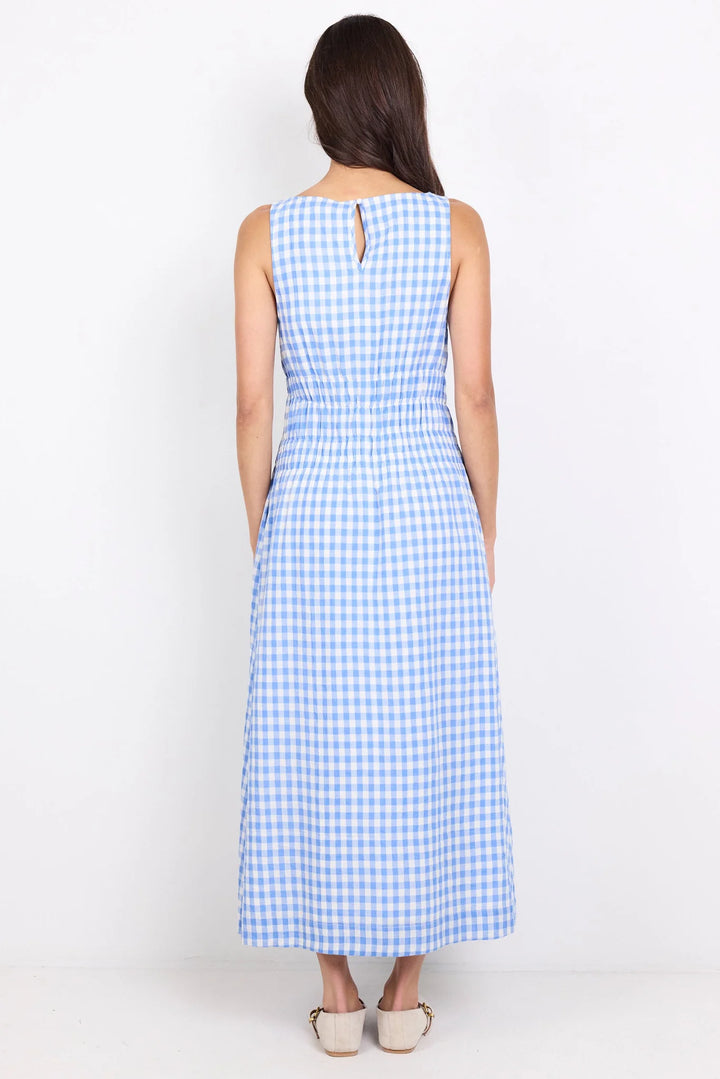 Lucent Blue Gingham Sleeveless Midi Dress