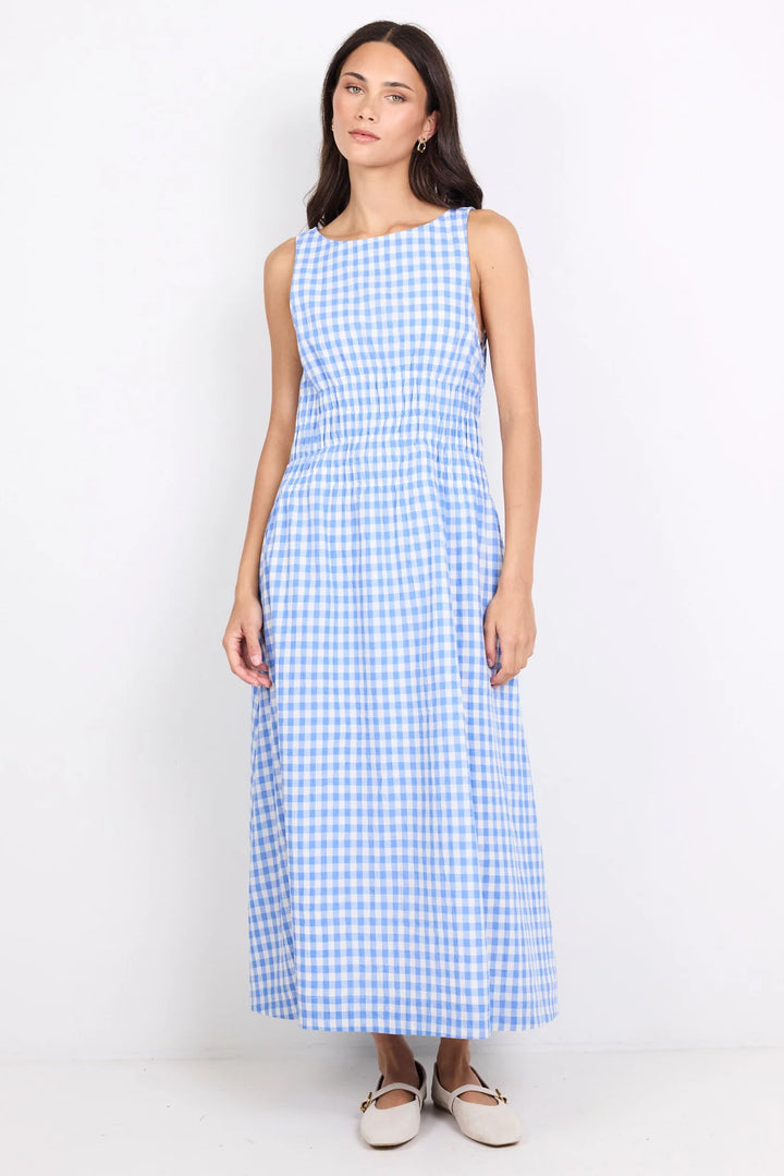 Lucent Blue Gingham Sleeveless Midi Dress
