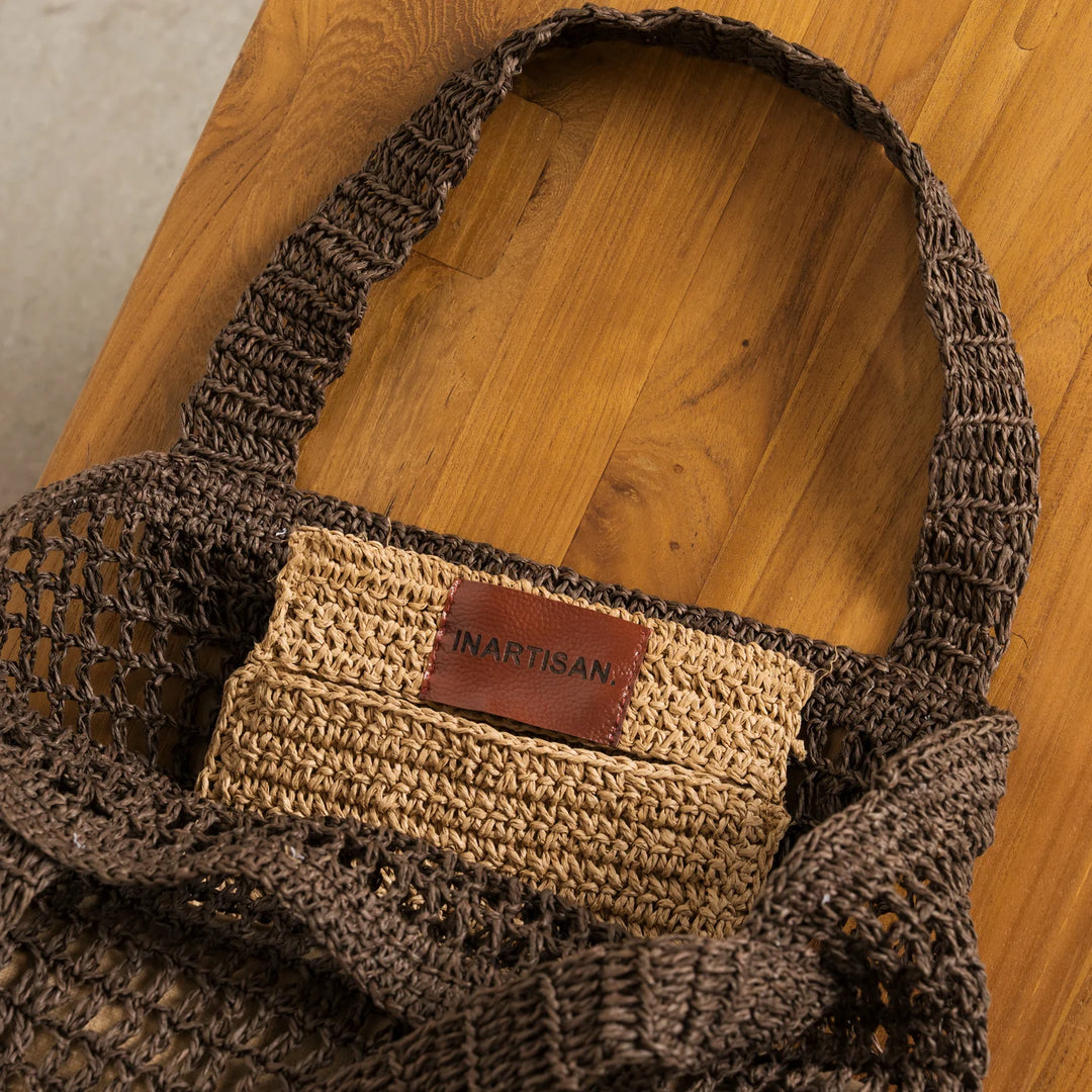 Maro Open Weave Raffia Bag - Choc