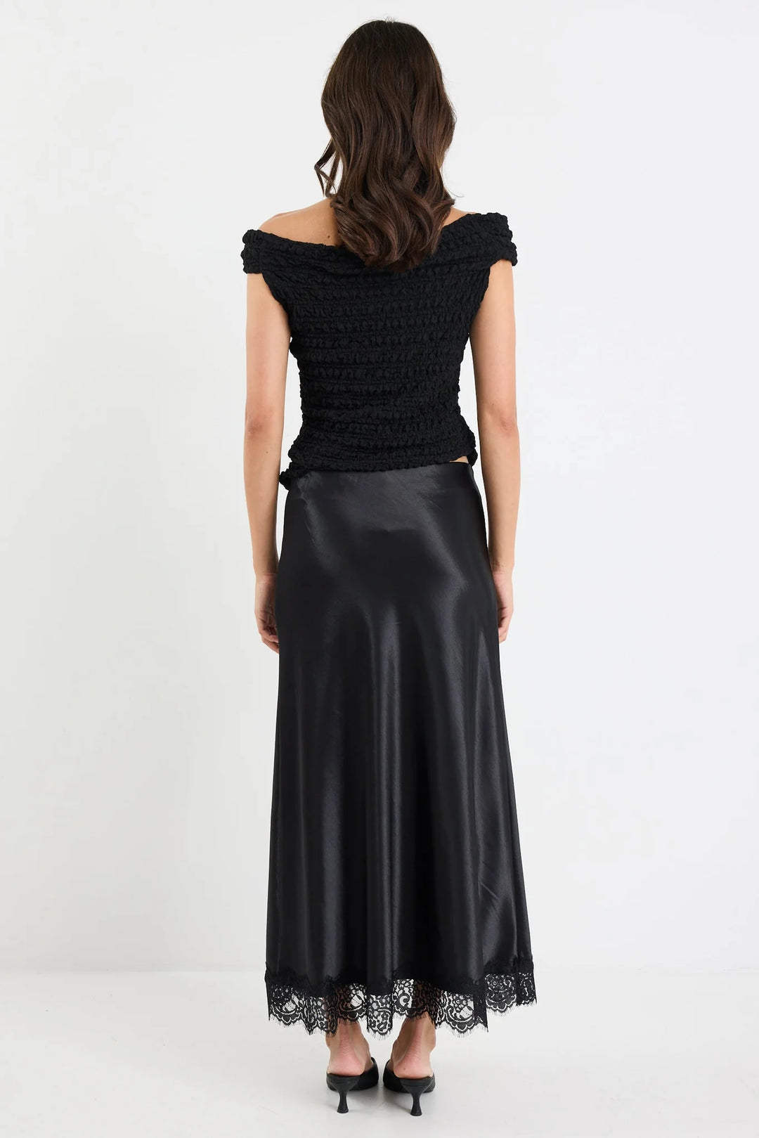 Margarita Black Satin Lace Trim Bias Maxi Skirt