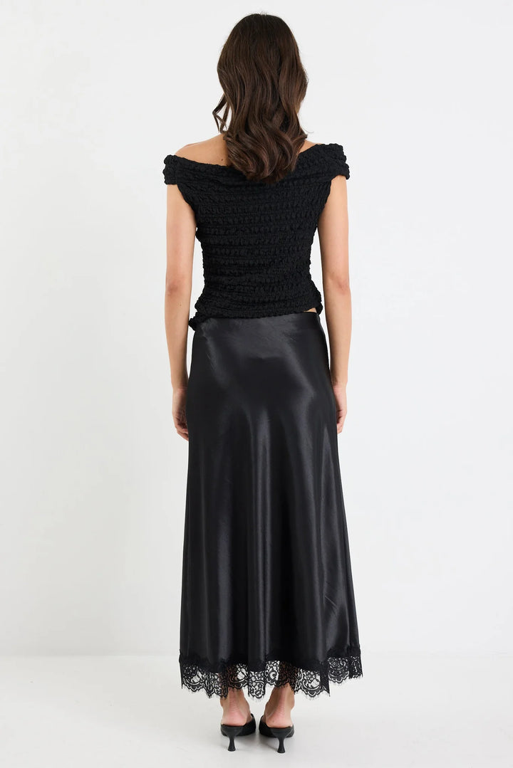 Margarita Black Satin Lace Trim Bias Maxi Skirt