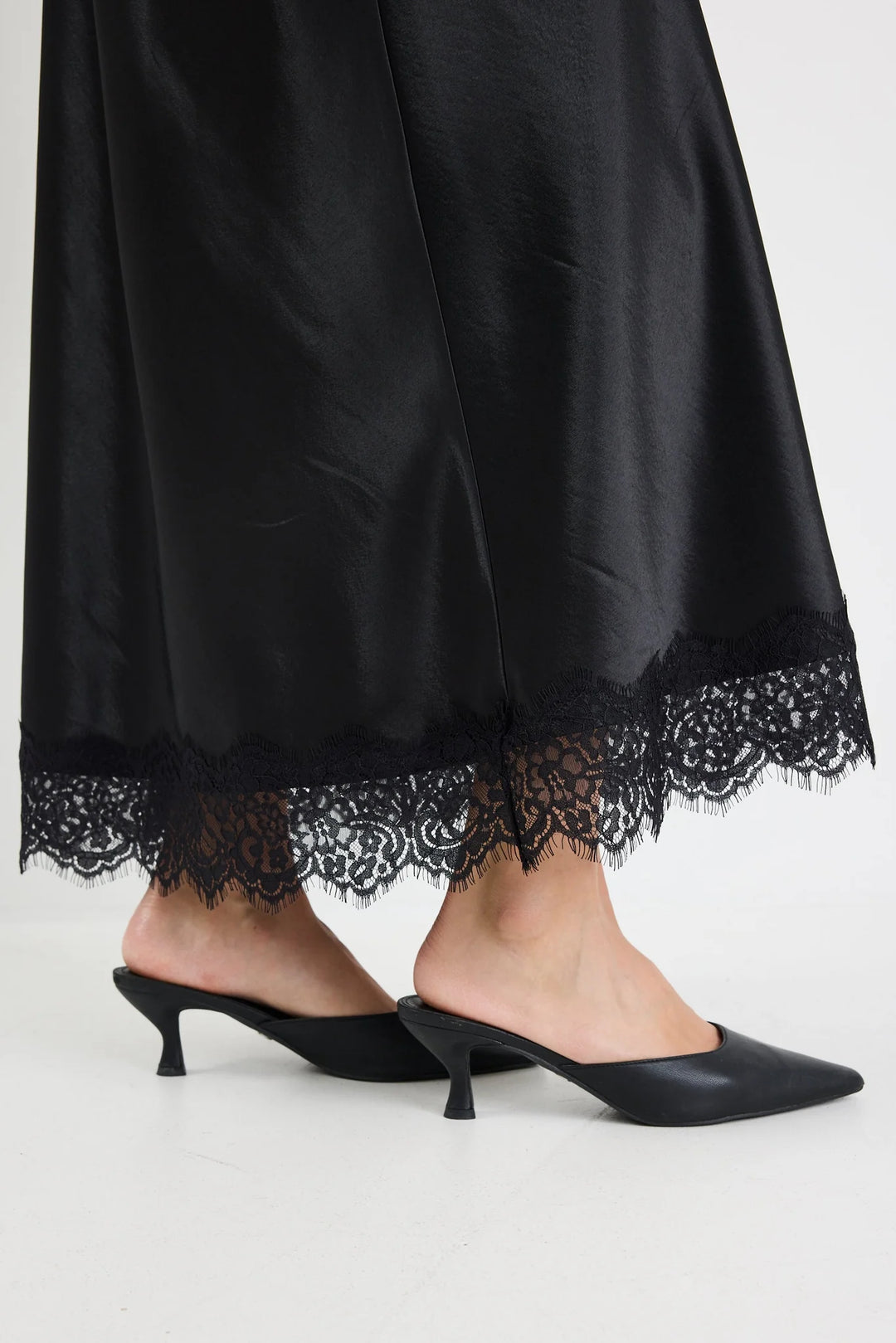 Margarita Black Satin Lace Trim Bias Maxi Skirt