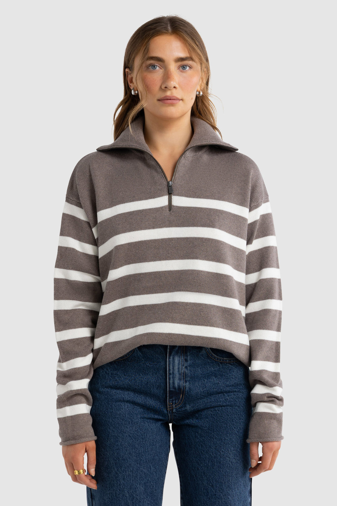 Astrid Knit Quarter Zip- Espresso Stripe