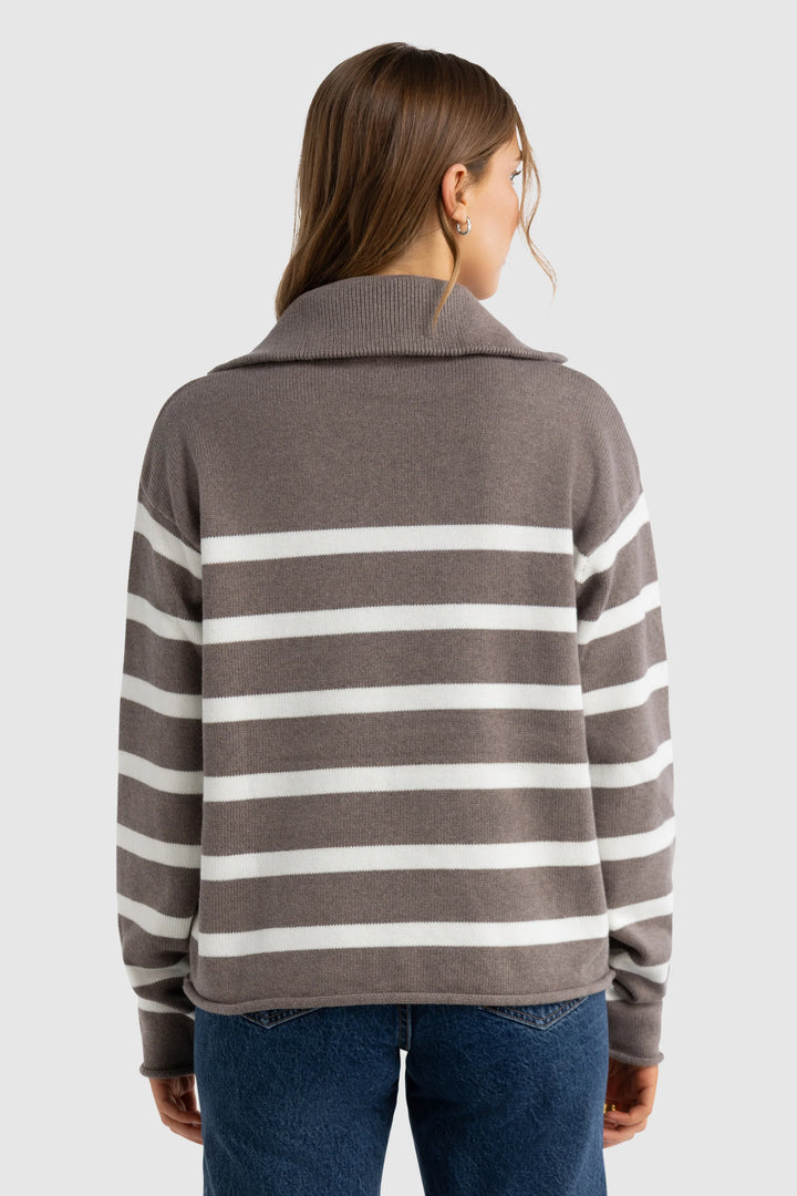 Astrid Knit Quarter Zip- Espresso Stripe