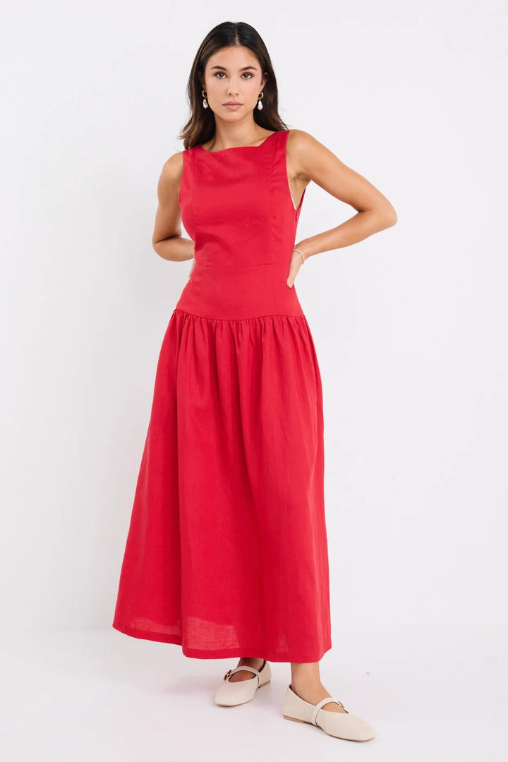 Results Red Linen Blend Structured Sleeveless Maxi Dress