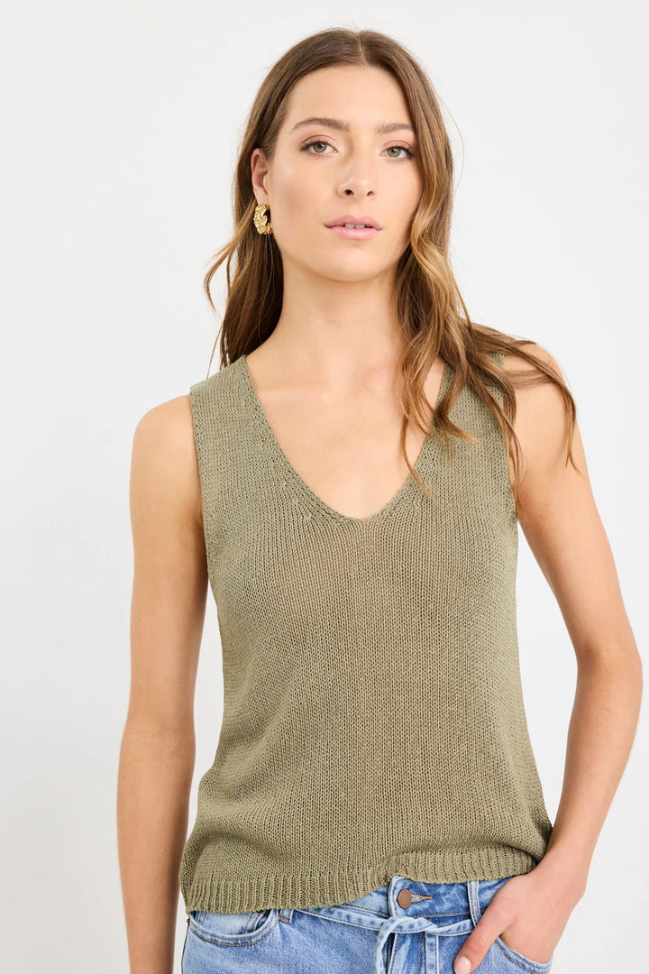Settler Khaki V Neck Sleeveless Knit Top
