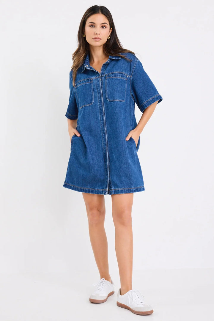 Shortcut Storm Blue Denim Short Sleeve Boxy Mini Shirt Dress