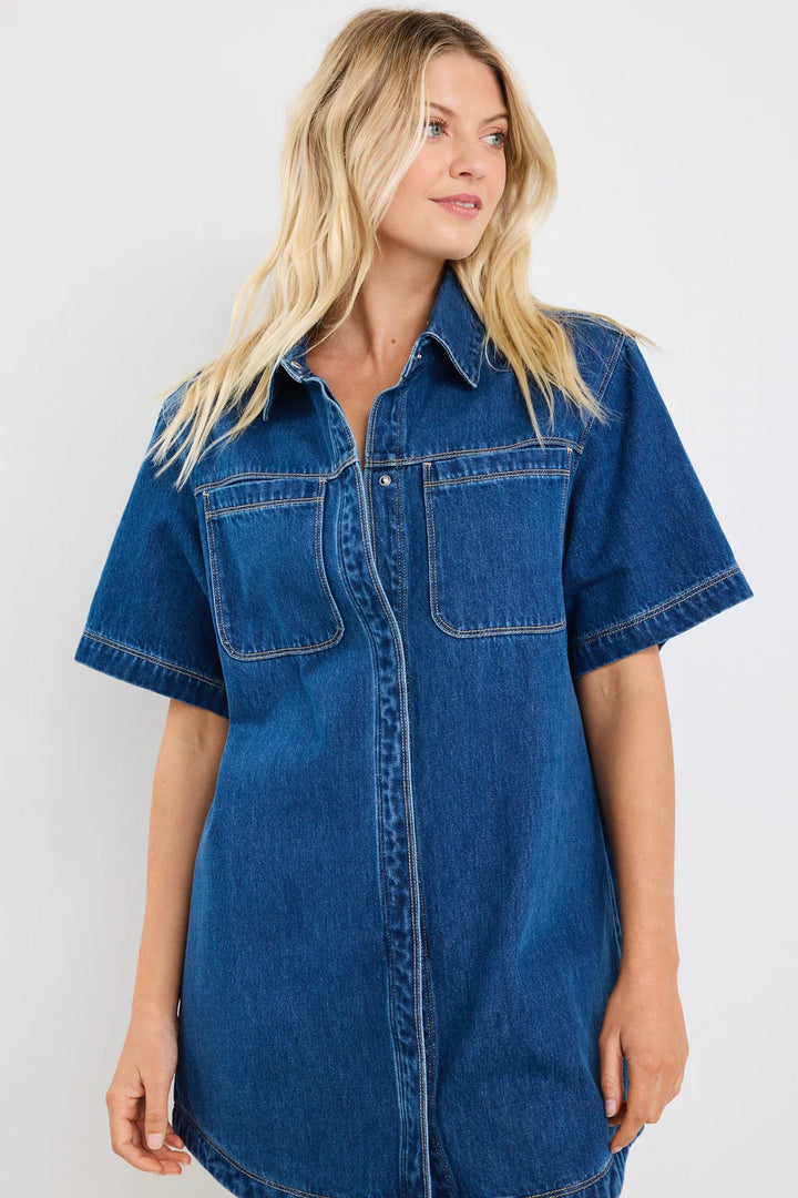 Shortcut Storm Blue Denim Short Sleeve Boxy Mini Shirt Dress