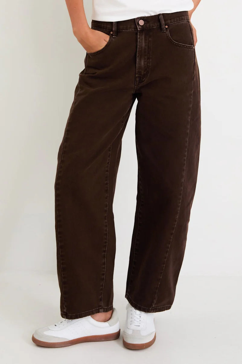 Varsity Chocolate Forward Seam Barrel Jean