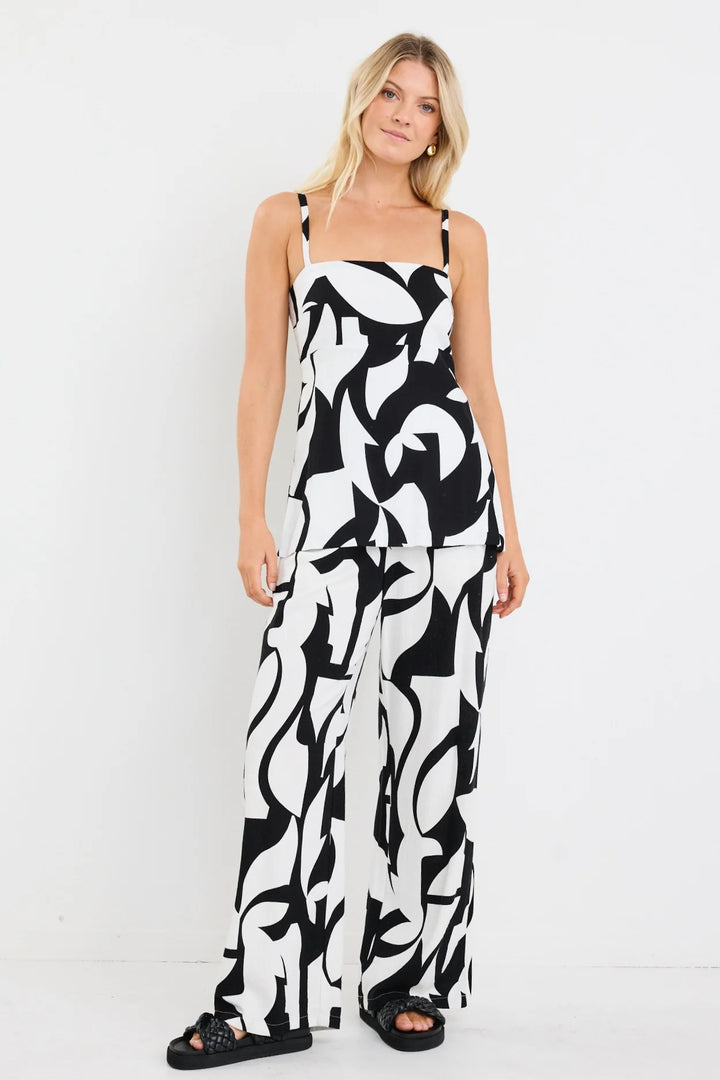 Sunkissed Black Ivory Cutout Print Split Hem Cami Top