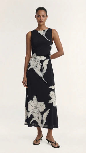 Veda Mesh Midi Dress - Black/Cream Floral