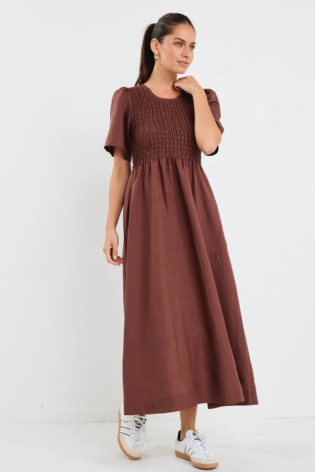 Wren Chocolate Linen Blend SS Shirred Bodice Midi Dress