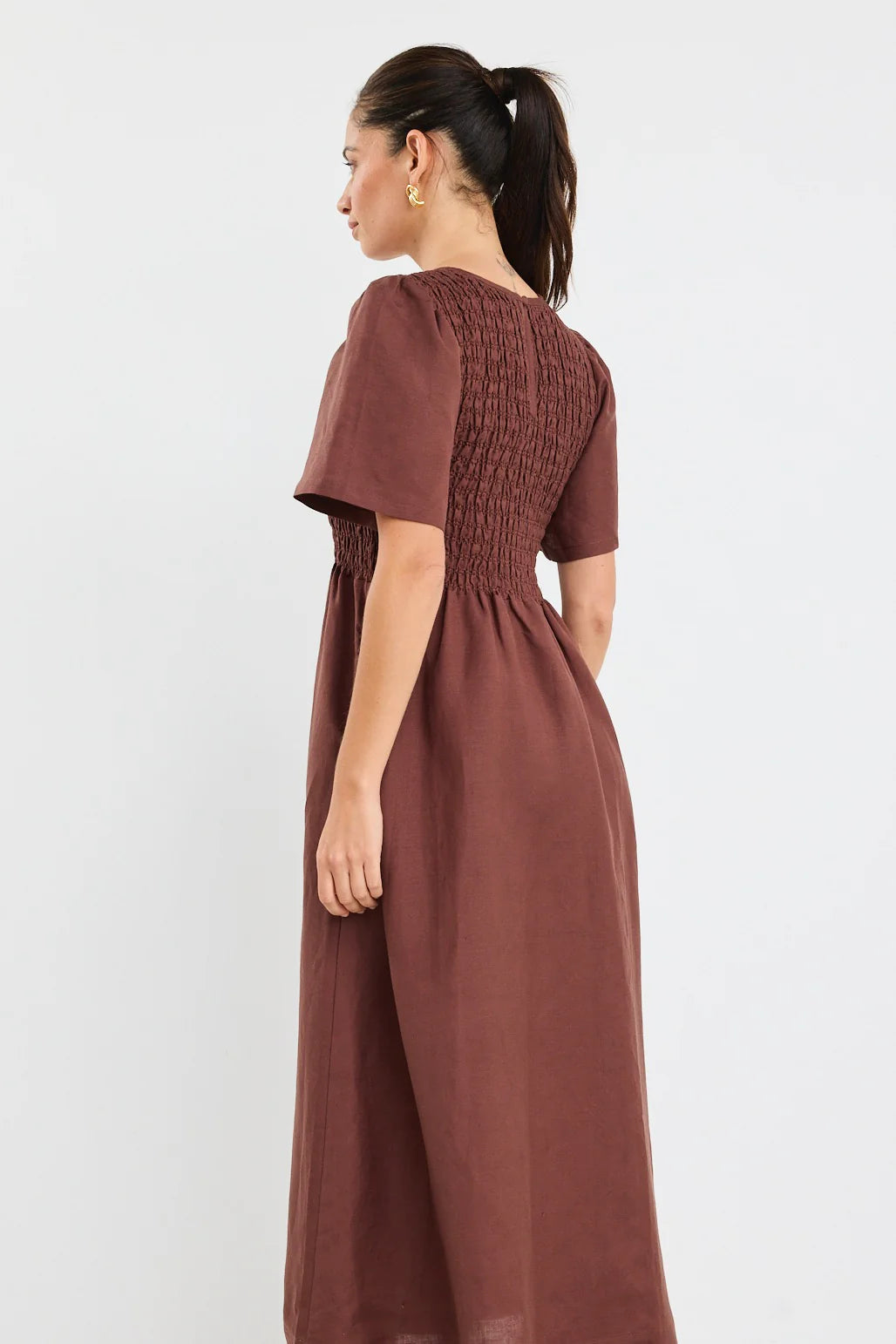 Wren Chocolate Linen Blend SS Shirred Bodice Midi Dress