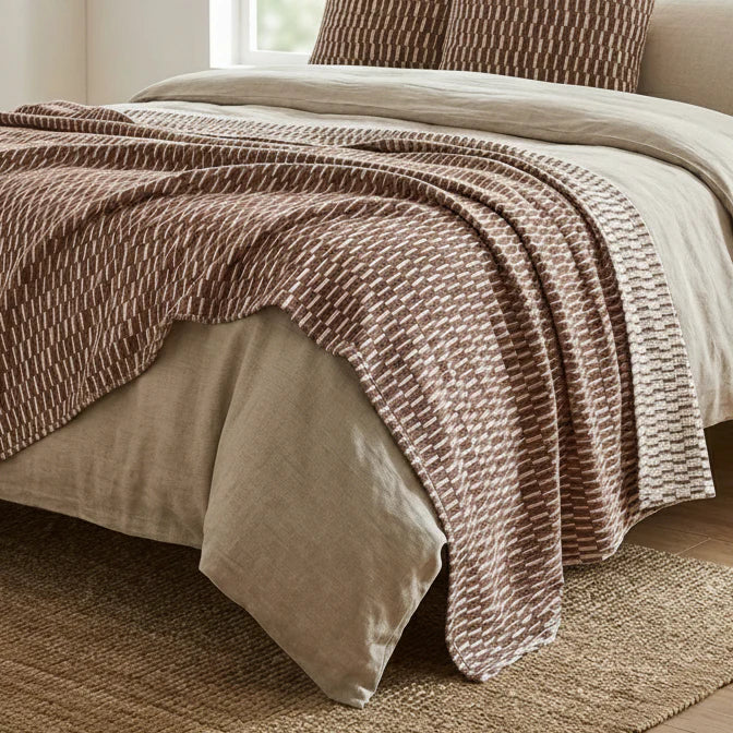 Mosaic Jacquard Linen Cotton Massive Throw Bedcover - Reddish Brown/Off White