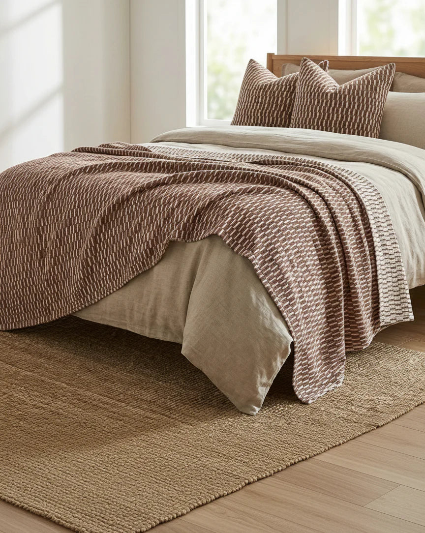 Mosaic Jacquard Linen Cotton Massive Throw Bedcover - Reddish Brown/Off White