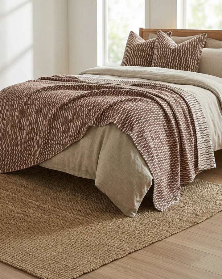 Mosaic Jacquard Linen Cotton Massive Throw Bedcover - Reddish Brown/Off White