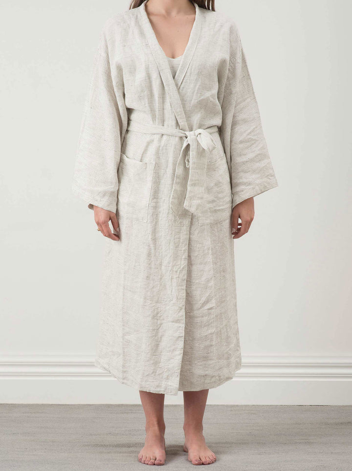 Linen Robe - Pepper/Chalk