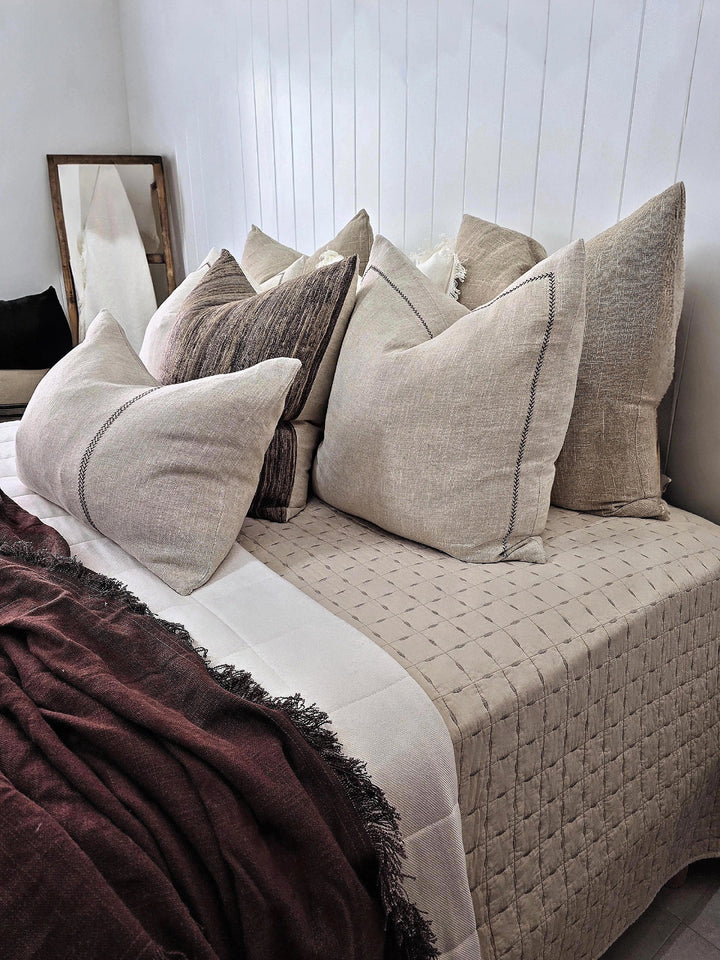 Delilah Herringbone Embroidery Linen Cotton Lumbar Cushion - Natural | Brown Embroidery