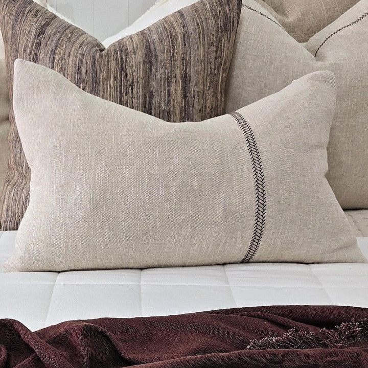 Delilah Herringbone Embroidery Linen Cotton Lumbar Cushion - Natural | Brown Embroidery